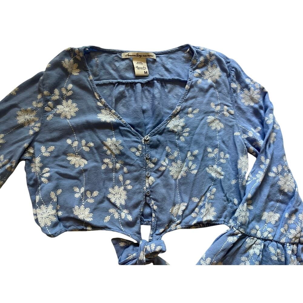American Rag Cie Embroidered Floral Tie-Front Crop Blouse medium